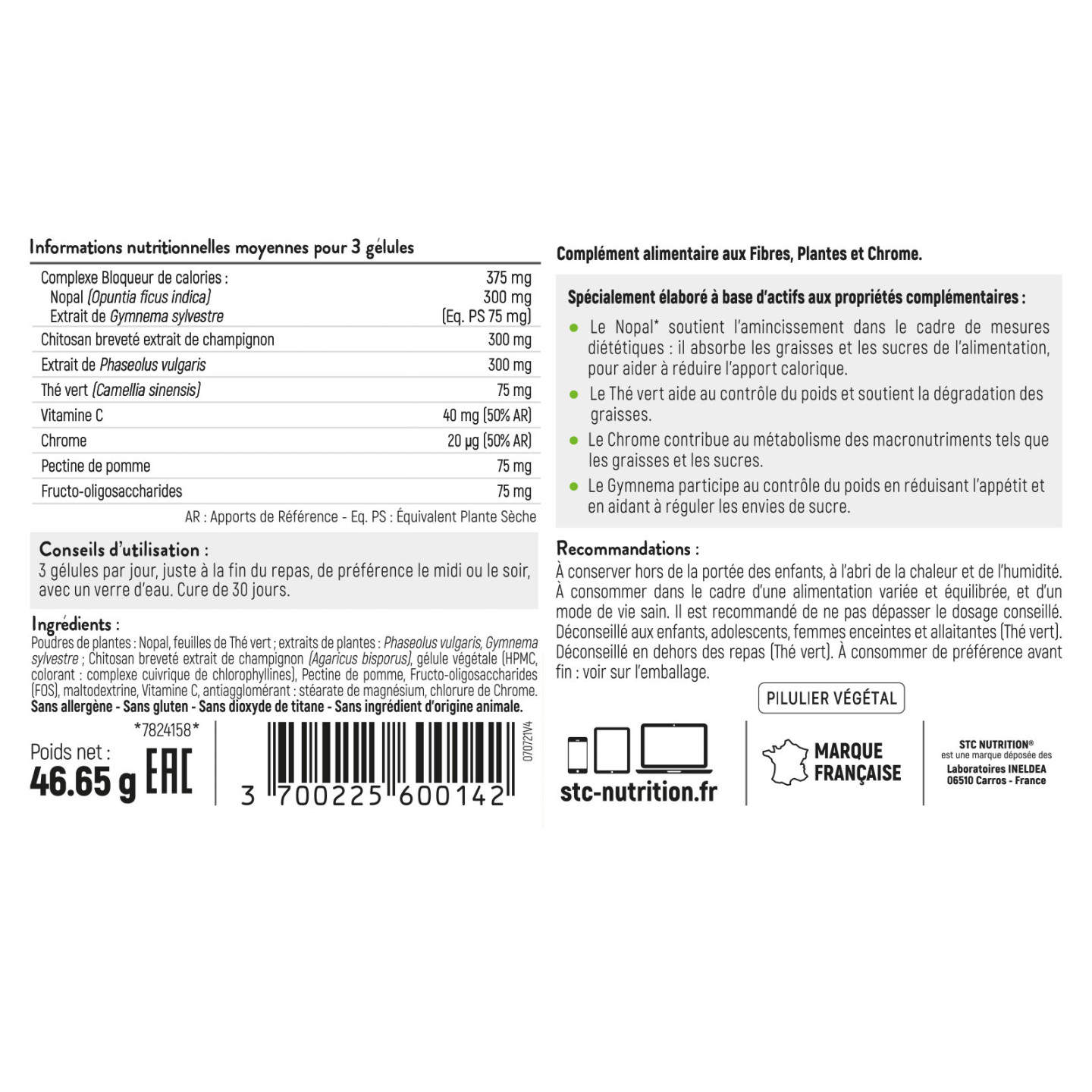 FAT & SUGAR LIMIT STC Nutrition: Absorbe sucres + graisses - 90gélules