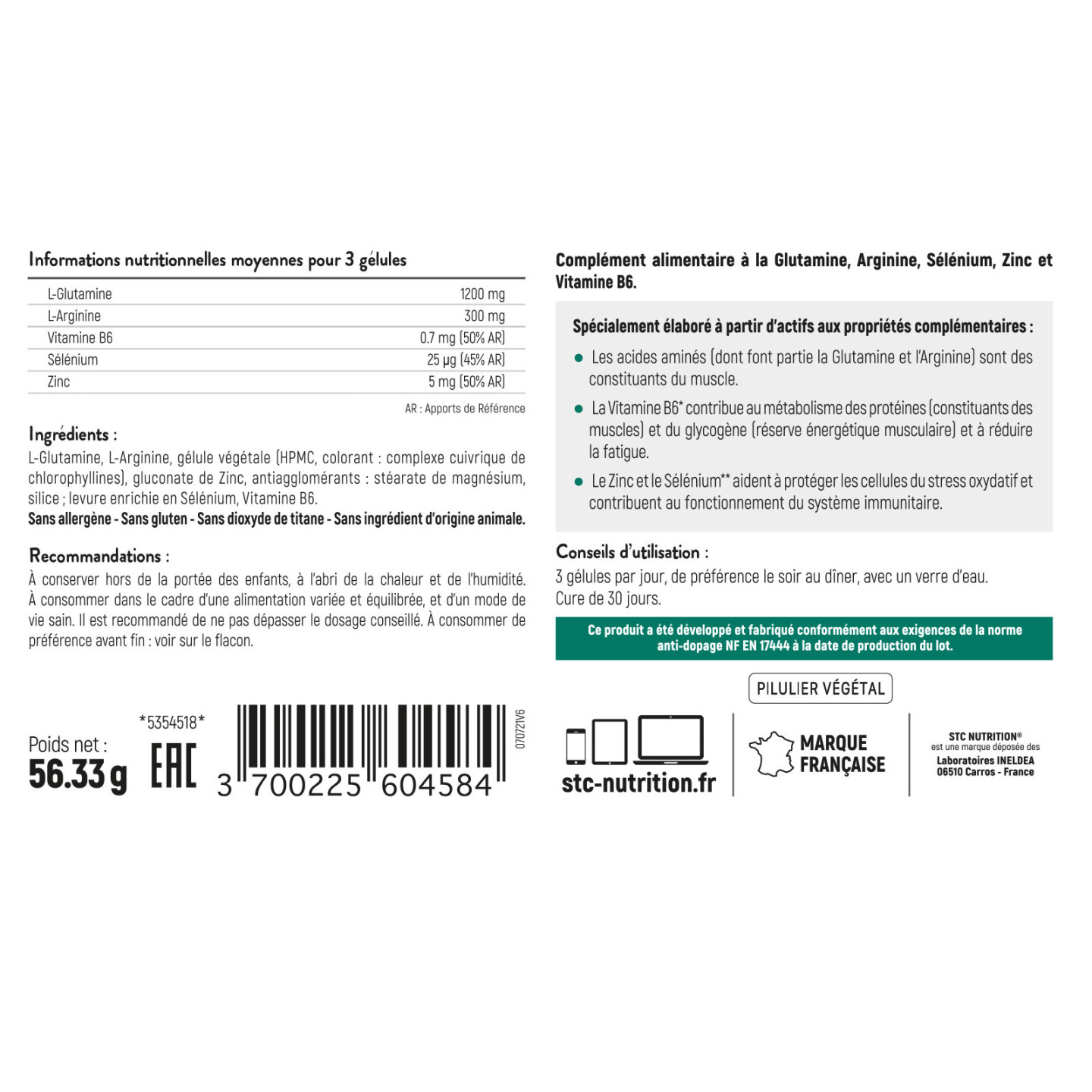 Glutamine STC Nutrition: Soutien musculaire entrainement - 90 gélules