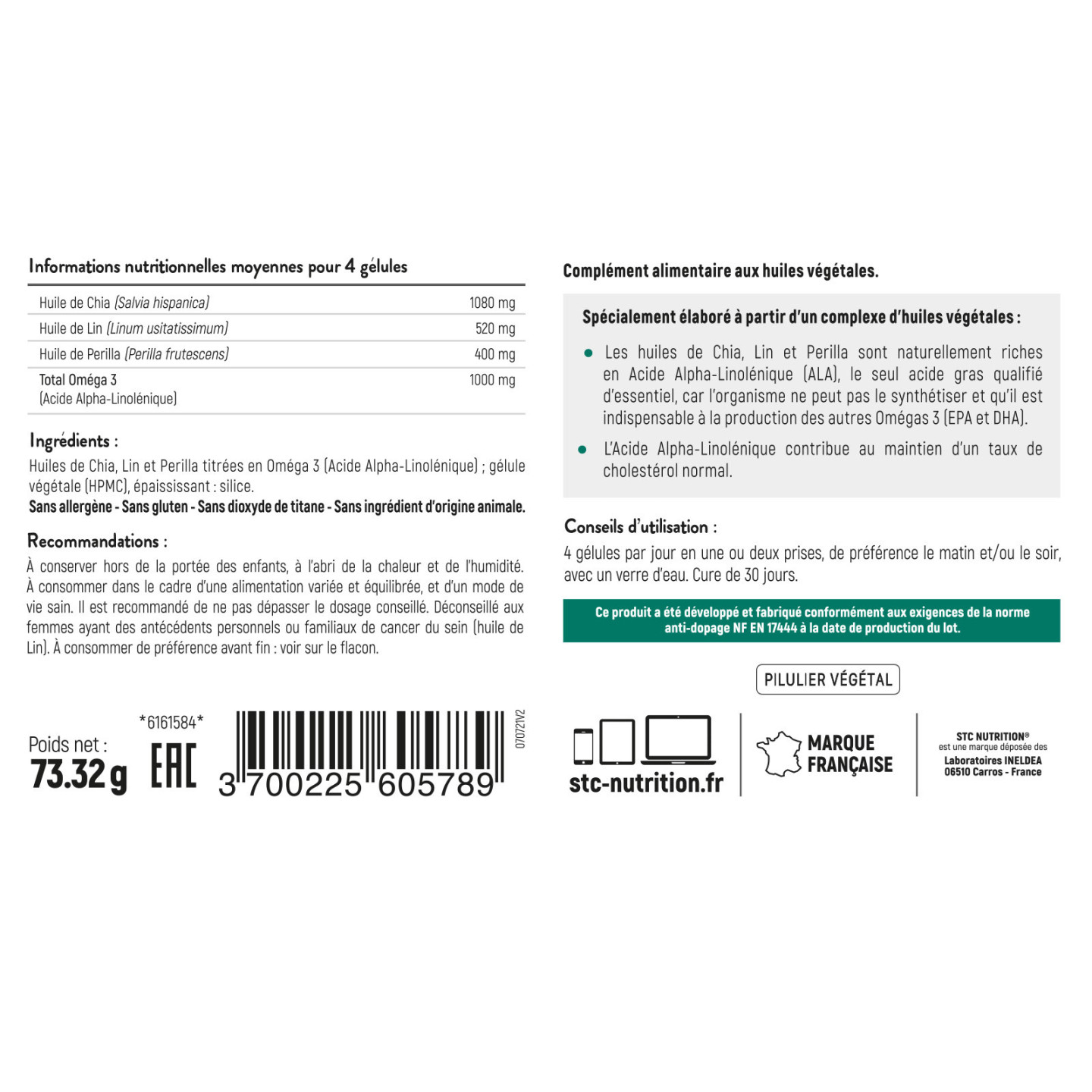 Oméga 3 Végétal STC Nutrition: Tonus mental - 120 gélules - Vegan