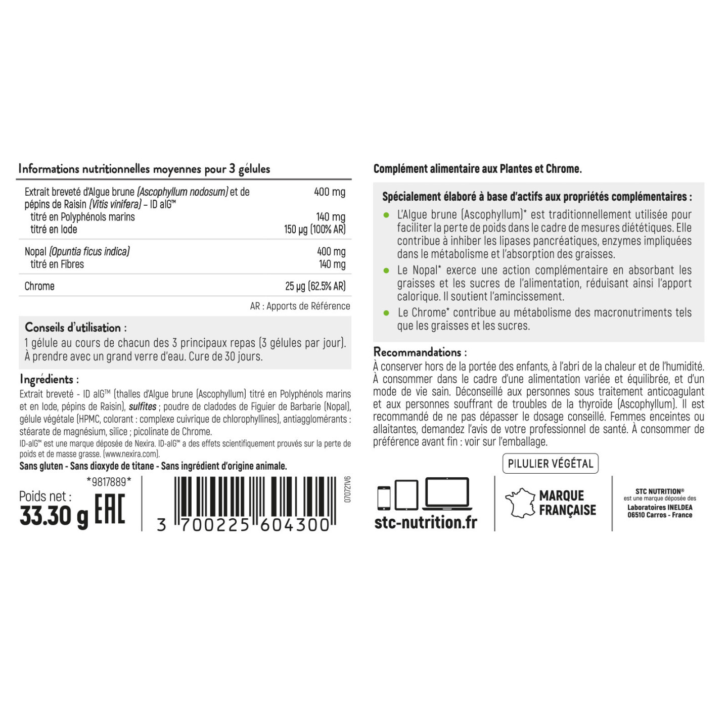 Killercal STC Nutrition: Perte de poids - 90 gélules - Vegan - Breveté