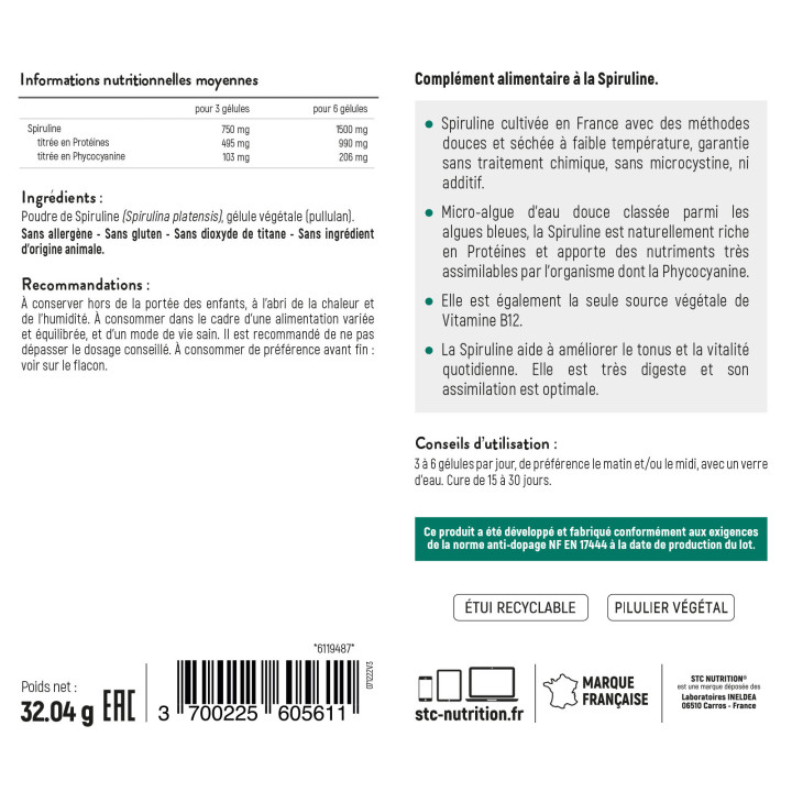 SPIRULINE 1500 STC Nutrition - Cultivée en France - 90 gélules - Vegan