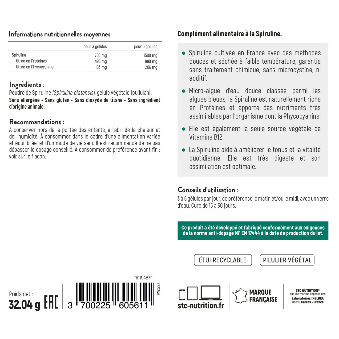 SPIRULINE 1500 STC Nutrition - Cultivée en France - 90 gélules - Vegan